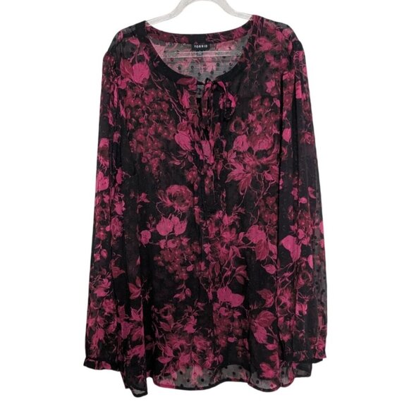 Torrid Floral Chiffon Clip Dot Shirt Womens Size 3X Black Sheer Split Neck - Picture 1 of 11
